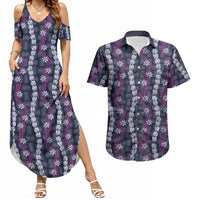 Pikake Maile Tiare Lei Couples Matching Summer Maxi Dress and Hawaiian Shirt Poni Lauhala Pattern LT01 Purple - Polynesian Pride