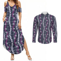Pikake Maile Tiare Lei Couples Matching Summer Maxi Dress and Long Sleeve Button Shirt Poni Lauhala Pattern LT01 Purple - Polynesian Pride
