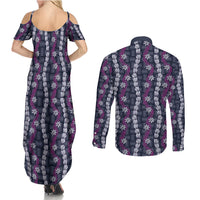 Pikake Maile Tiare Lei Couples Matching Summer Maxi Dress and Long Sleeve Button Shirt Poni Lauhala Pattern