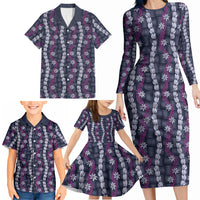 Pikake Maile Tiare Lei Family Matching Long Sleeve Bodycon Dress and Hawaiian Shirt Poni Lauhala Pattern LT01 - Polynesian Pride