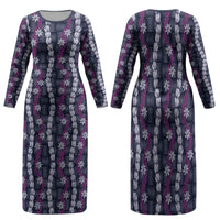 Pikake Maile Tiare Lei Family Matching Long Sleeve Bodycon Dress and Hawaiian Shirt Poni Lauhala Pattern LT01 Mom's Dress Purple - Polynesian Pride