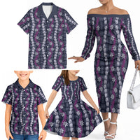 Pikake Maile Tiare Lei Family Matching Off The Shoulder Long Sleeve Dress and Hawaiian Shirt Poni Lauhala Pattern LT01 - Polynesian Pride