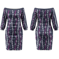 Pikake Maile Tiare Lei Family Matching Off The Shoulder Long Sleeve Dress and Hawaiian Shirt Poni Lauhala Pattern LT01 Mom's Dress Purple - Polynesian Pride