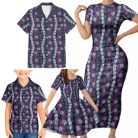 Pikake Maile Tiare Lei Family Matching Short Sleeve Bodycon Dress and Hawaiian Shirt Poni Lauhala Pattern LT01 - Polynesian Pride
