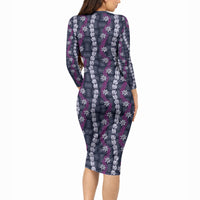 Pikake Maile Tiare Lei Long Sleeve Bodycon Dress Poni Lauhala Pattern LT01 - Polynesian Pride