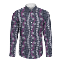 Pikake Maile Tiare Lei Long Sleeve Button Shirt Poni Lauhala Pattern LT01 Unisex Purple - Polynesian Pride