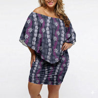 Pikake Maile Tiare Lei Off Shoulder Short Dress Poni Lauhala Pattern LT01 Women Purple - Polynesian Pride