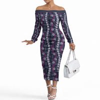 Pikake Maile Tiare Lei Off The Shoulder Long Sleeve Dress Poni Lauhala Pattern LT01 Women Purple - Polynesian Pride