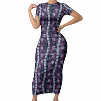 Pikake Maile Tiare Lei Short Sleeve Bodycon Dress Poni Lauhala Pattern LT01 Long Dress Purple - Polynesian Pride