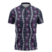 Pikake Maile Tiare Lei Zipper Polo Shirt Poni Lauhala Pattern LT01 Purple - Polynesian Pride