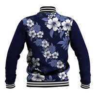 Hawaiian Hibiscus Tribal Floral Blue Baseball Jacket Polynesian Tapa Pattern - Polynesian Pride