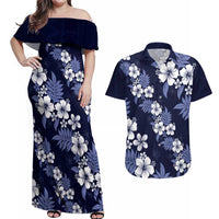 Hawaiian Hibiscus Tribal Floral Blue Couples Matching Off Shoulder Maxi Dress and Hawaiian Shirt Polynesian Tapa Pattern - Polynesian Pride