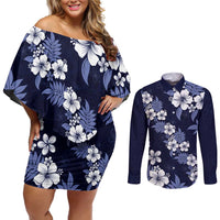 Hawaiian Hibiscus Tribal Floral Blue Couples Matching Off Shoulder Short Dress and Long Sleeve Button Shirt Polynesian Tapa Pattern - Polynesian Pride