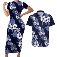 Hawaiian Hibiscus Tribal Floral Blue Couples Matching Short Sleeve Bodycon Dress and Hawaiian Shirt Polynesian Tapa Pattern - Polynesian Pride