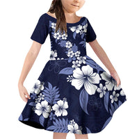 Hawaiian Hibiscus Tribal Floral Blue Family Matching Off Shoulder Short Dress and Hawaiian Shirt Polynesian Tapa Pattern - Polynesian Pride