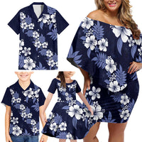 Hawaiian Hibiscus Tribal Floral Blue Family Matching Off Shoulder Short Dress and Hawaiian Shirt Polynesian Tapa Pattern - Polynesian Pride