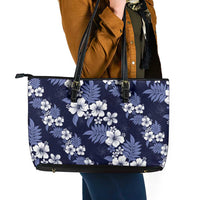 Hawaiian Hibiscus Tribal Floral Blue Leather Tote Bag Polynesian Tapa Pattern LT01 - Polynesian Pride