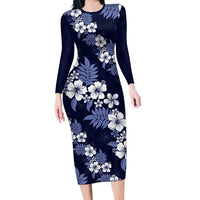 Hawaiian Hibiscus Tribal Floral Blue Long Sleeve Bodycon Dress Polynesian Tapa Pattern - Polynesian Pride