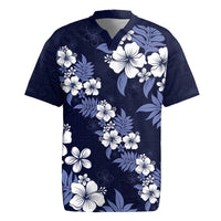 Hawaiian Hibiscus Tribal Floral Blue Rugby Jersey Polynesian Tapa Pattern - Polynesian Pride