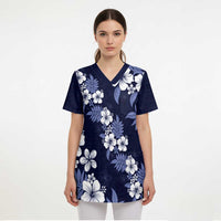 Hawaiian Hibiscus Tribal Floral Blue Scrub Top Polynesian Tapa Pattern - Polynesian Pride