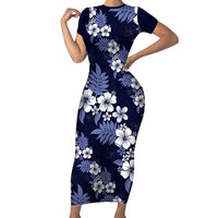 Hawaiian Hibiscus Tribal Floral Blue Short Sleeve Bodycon Dress Polynesian Tapa Pattern - Polynesian Pride