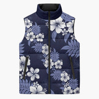 Hawaiian Hibiscus Tribal Floral Blue Sleeveless Puffer Jacket Polynesian Tapa Pattern - Polynesian Pride