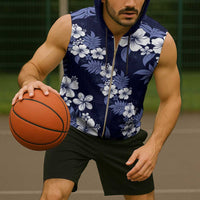 Hawaiian Hibiscus Tribal Floral Blue Sleeveless Zip Hoodie Polynesian Tapa Pattern LT01 - Polynesian Pride