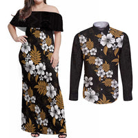 Hawaiian Hibiscus Tribal Floral Brown Couples Matching Off Shoulder Maxi Dress and Long Sleeve Button Shirt Polynesian Tapa Pattern - Polynesian Pride