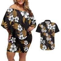 Hawaiian Hibiscus Tribal Floral Brown Couples Matching Off Shoulder Short Dress and Hawaiian Shirt Polynesian Tapa Pattern - Polynesian Pride