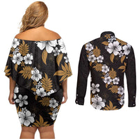 Hawaiian Hibiscus Tribal Floral Brown Couples Matching Off Shoulder Short Dress and Long Sleeve Button Shirt Polynesian Tapa Pattern - Polynesian Pride
