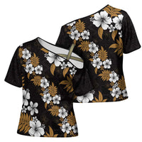 Hawaiian Hibiscus Tribal Floral Brown Cross Shoulder Shirt Polynesian Tapa Pattern - Polynesian Pride