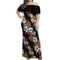 Hawaiian Hibiscus Tribal Floral Brown Off Shoulder Maxi Dress Polynesian Tapa Pattern - Polynesian Pride