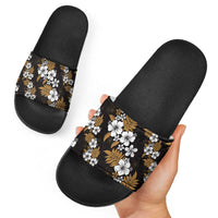 Hawaiian Hibiscus Tribal Floral Brown Slide Sandals Polynesian Tapa Pattern LT01 - Polynesian Pride