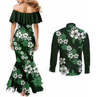 Hawaiian Hibiscus Tribal Floral Green Couples Matching Mermaid Dress and Long Sleeve Button Shirt Polynesian Tapa Pattern - Polynesian Pride