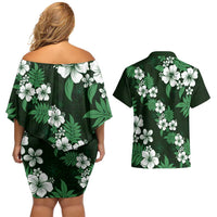 Hawaiian Hibiscus Tribal Floral Green Couples Matching Off Shoulder Short Dress and Hawaiian Shirt Polynesian Tapa Pattern - Polynesian Pride