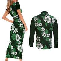 Hawaiian Hibiscus Tribal Floral Green Couples Matching Short Sleeve Bodycon Dress and Long Sleeve Button Shirt Polynesian Tapa Pattern - Polynesian Pride