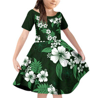 Hawaiian Hibiscus Tribal Floral Green Family Matching Off Shoulder Short Dress and Hawaiian Shirt Polynesian Tapa Pattern - Polynesian Pride