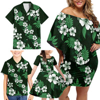 Hawaiian Hibiscus Tribal Floral Green Family Matching Off Shoulder Short Dress and Hawaiian Shirt Polynesian Tapa Pattern - Polynesian Pride