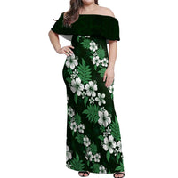 Hawaiian Hibiscus Tribal Floral Green Off Shoulder Maxi Dress Polynesian Tapa Pattern - Polynesian Pride