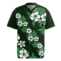 Hawaiian Hibiscus Tribal Floral Green Rugby Jersey Polynesian Tapa Pattern - Polynesian Pride