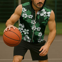 Hawaiian Hibiscus Tribal Floral Green Sleeveless Zip Hoodie Polynesian Tapa Pattern LT01 - Polynesian Pride