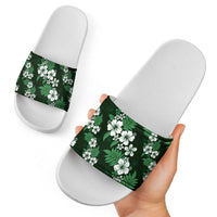 Hawaiian Hibiscus Tribal Floral Green Slide Sandals Polynesian Tapa Pattern - Polynesian Pride