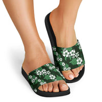 Hawaiian Hibiscus Tribal Floral Green Slide Sandals Polynesian Tapa Pattern - Polynesian Pride