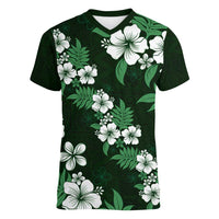 Hawaiian Hibiscus Tribal Floral Green Women V-Neck T-Shirt Polynesian Tapa Pattern - Polynesian Pride