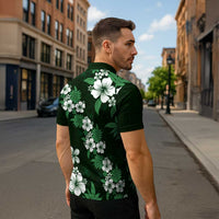 Hawaiian Hibiscus Tribal Floral Green Zipper Polo Shirt Polynesian Tapa Pattern - Polynesian Pride
