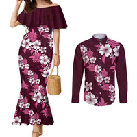 Hawaiian Hibiscus Tribal Floral Pink Couples Matching Mermaid Dress and Long Sleeve Button Shirt Polynesian Tapa Pattern - Polynesian Pride