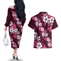 Hawaiian Hibiscus Tribal Floral Pink Couples Matching Off The Shoulder Long Sleeve Dress and Hawaiian Shirt Polynesian Tapa Pattern - Polynesian Pride