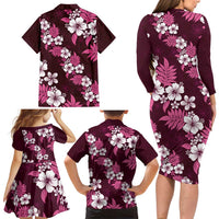 Hawaiian Hibiscus Tribal Floral Pink Family Matching Long Sleeve Bodycon Dress and Hawaiian Shirt Polynesian Tapa Pattern - Polynesian Pride