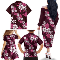 Hawaiian Hibiscus Tribal Floral Pink Family Matching Off The Shoulder Long Sleeve Dress and Hawaiian Shirt Polynesian Tapa Pattern - Polynesian Pride