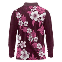 Hawaiian Hibiscus Tribal Floral Pink Long Sleeve Polo Shirt Polynesian Tapa Pattern LT01 - Polynesian Pride